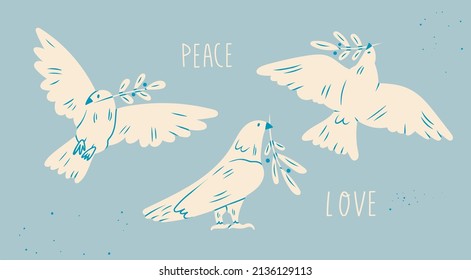 Dove of peace. Flying and standing Birds with an olive branches. Peace and love, freedom, no war concept. Hand drawn modern Vector illustration. All elements are isolated. Support Ukraine, stop war