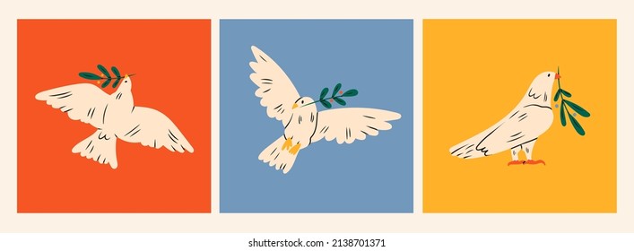 Dove of peace. Flying and standing Birds with an olive branches. Peace and love, freedom, no war concept. Hand drawn modern Vector illustrations. All elements are isolated. Set of three cards