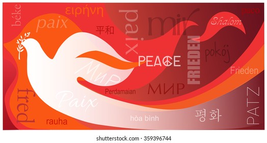 Dove of Peace flying through flames, with the word "peace" in different languages