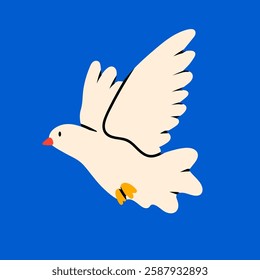 Dove of peace. Flying white bird, blue background. Peace and love, freedom, no war concept. Hand drawn modern isolated Vector illustration. Icon, logo template