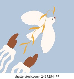 Dove. Dove of peace. A girl releases a dove. The girl's hands and the dove. Patriotic spirit. Illustration