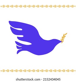 Dove of Peace hand drawn simple emblem. Blue and yellow pigeon with laurel. Vector illustration