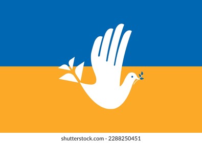 Dove of Peace Hand Drawn Vector Illustration. Ukrainian flag Background with Bird. Glory to Ukraine and Pray. Stop War. Freedom.
