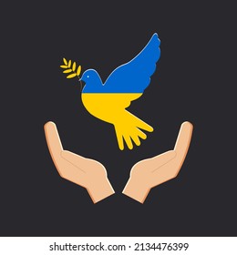 The dove of peace is in the hands of people who defend their native country from the aggressor and believe in victory. Poster Peace to Ukraine on a black background. Vector.