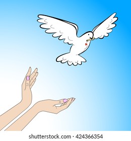 The dove of peace. Hands to release a dove into the sky. A dove with a scroll in its beak. Vector dove in hand icon. Freedom and peace concept.