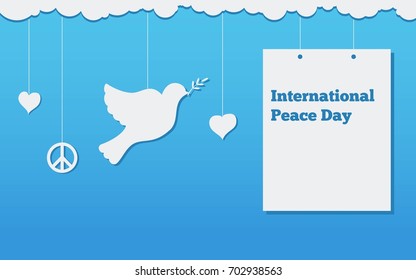 Dove, peace, heart, clouds weigh on the thread, the international day of the world flat vector illustration