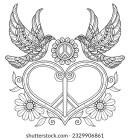 Dove and peace heart hand drawn for adult coloring book