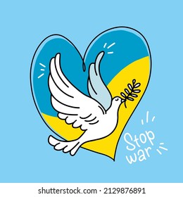 Dove of peace holding a twig. dove is flying. no war and world peace 