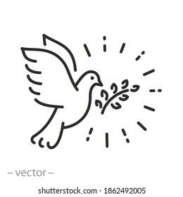 dove peace icon, pigeon with olive branch, bird flying, symbol love, thin line sign on white background - editable stroke vector illustration