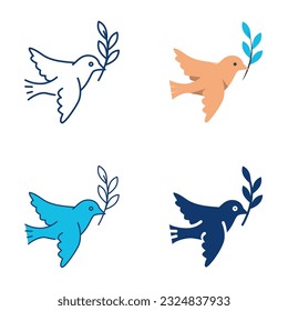 Dove of peace icon set in flat and line style. Flying bird holding an olive branch. Vector illustration.