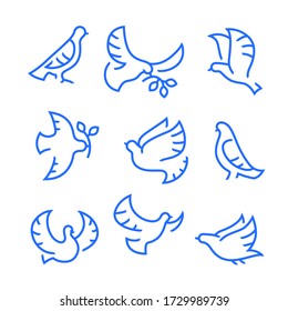 Dove of Peace Icons Set. Flying Birds with Branch and Leaves, Peace or Pacifism Concept. Free Flying Symbol, Simple Signs for Presentation, Training, Marketing, Web Design. Linear Vector Illustration
