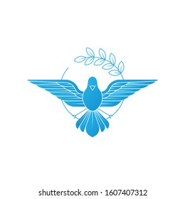 Dove Of Peace. Illustration of flying Dove holding an olive branch symbolizing peace on earth. Line Art dove. Dove Logo Design. Line art for logo and design. Vector illustration. Peace logo.