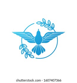 Dove Of Peace. Illustration of flying Dove holding an olive branch symbolizing peace on earth. Line Art dove. Dove Logo Design. Line art for logo and design. Vector illustration. Peace logo.