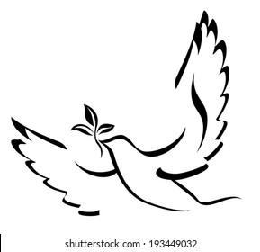 Dove Of Peace. Illustration with dove holding an olive branch symbolizing peace on earth. Hand drawn brushstroke dove. Ink painting style. Line art for logo and design. Vector illustration.