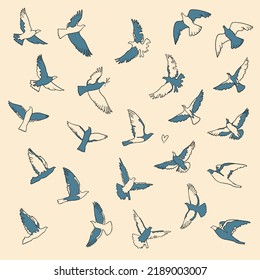 Dove of peace illustrations set. Concept of peace. Flying stylized birds vector illustrations