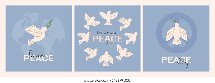 Dove of peace. International Day of Peace banner, card, poster, flyer. Peace and love, freedom, no war concept. Pacifism symbols. Vector illustration in flat hand drawn style