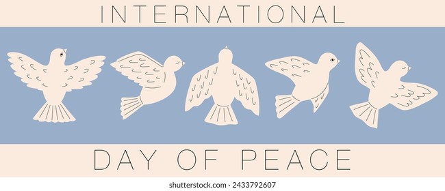 Dove of peace. International Day of Peace banner, card, poster, flyer. Peace and love, freedom, no war concept. Pacifism symbols. Vector illustration in flat hand drawn style