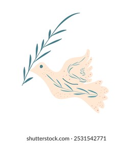 Dove of peace isolated on white background. Flying pigeon holding an olive branch. Vector hand drawn flat illustration