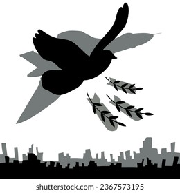 The dove of peace is like a plane dropping bombs on a city. War in Ukraine against russia. Vector illustration. Black and white. 