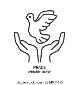 Dove of peace line icon. Pigeon in hands vector sign. No war outline symbol. Editable stroke.