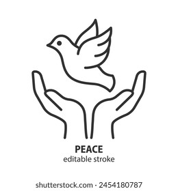 Dove of peace line icon. Pigeon in hands vector sign. No war outline symbol. Editable stroke.