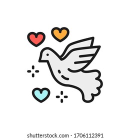 Dove of peace, love bird, pigeon, pacifism flat color line icon.