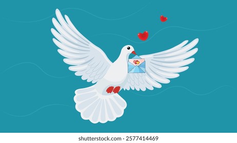 Dove of peace with a love letter and hearts against a blue background with wave lines