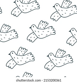 Dove of peace. Minimalistic flying dove in naive style. Peace and love, freedom, no war concept. Hand drawn modern Vector seamless Pattern. White background. Wallpaper, poster template
