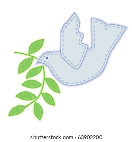 Dove of Peace with olive branch, applique embroidery in blue and green stitching, isolated on white background. International symbol of friendship and harmony. EPS8 compatible.