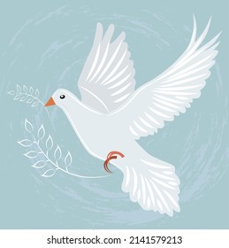 Dove of peace with olive branch in beak; Vector pigeon as symbol of hope and peace in the world on light blue background