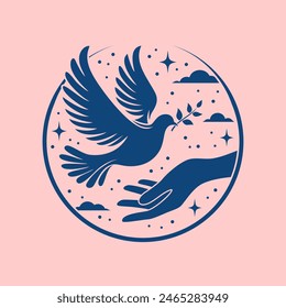 A dove of peace with an olive branch in its beak sitting on an outstretched hand, vector illustration