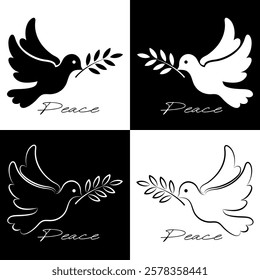 Dove of peace with an olive branch in its beak. Symbol of peace and freedom. Set of vector illustrations on black and white background.