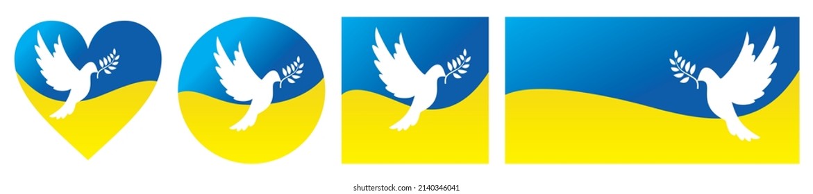 Dove of peace with olive branch. The concept of peace in Ukraine. No war symbol. Flag of Ukraine in the form of heart, circle, square, rectangle with flying bird silhouette. Vector eps8 illustration.