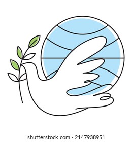 Dove of Peace with olive branch. Pigeon icon. Linear drawing dove with twig on background of Earth. Bird with wings linear style
