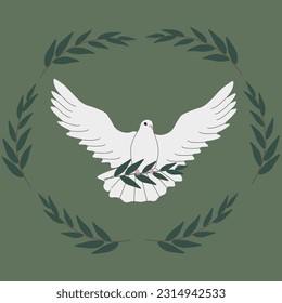 Dove of Peace with olive branch. Round Logo of Peace. Stop the war concept. Square Vector illustration.  