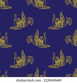 Dove of peace with olive branch. Seamless pattern. Vector illustration.