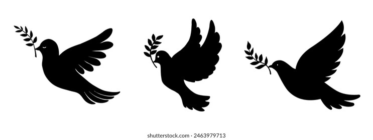 Dove of peace with an olive branch set icons