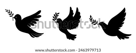 Dove of peace with an olive branch set icons