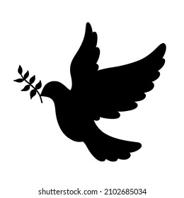 Dove of peace with olive brunch silhouette. Vector illustration isolated on white background. Peace Day symbol