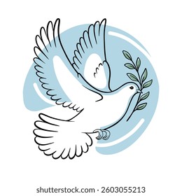 Dove of Peace with Olive Crown. Black and White Illustration, Outline, Silhouette, blue background, color
