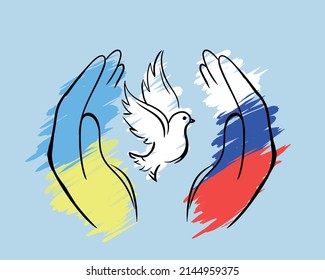 Dove of peace on the background of the Ukrainian and Russian flags. War between Ukraine and Russia. Symbol of peace and freedom on the background of the Ukrainian flag, stop the world war.