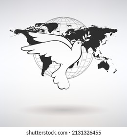 the dove of peace on the background of the world map carries an olive branch