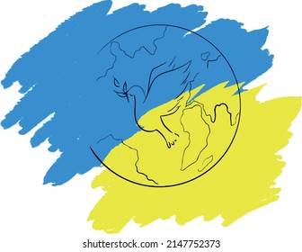 A dove of peace on the background of a world map, a globe in the colors of the Ukrainian flag. Flying bird dove as a symbol of peace. War in Ukraine, Russian attack. Stop world war