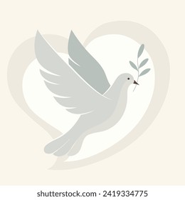 Dove of peace on a light background carries an olive branch in its beak