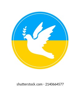 Dove of peace on Ukrainian flag. White bird with brunch of peace. Vector isolated on white background.
