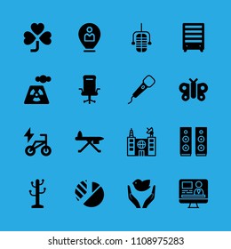 dove of peace, pie chart, butterfly, bookshelf, microphone, ironing board, bike, building and microphone vector icon. Simple icons set