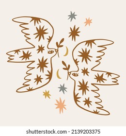 Dove of peace pigeon bird boho handdrawn style vector illustration art