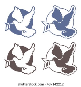 Dove of peace. Pigeon with olive branch. International Day of Peace. Icon set