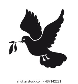 Dove of peace. Pigeon with olive branch. International Day of Peace. Black icon.