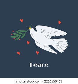 Dove of peace, pigeons. Flying bird with plant olive branch. Peace, love, freedom, no war, innocence, human purity. Hand drawn modern vector illustration. Support Ukraine Icon, logo template